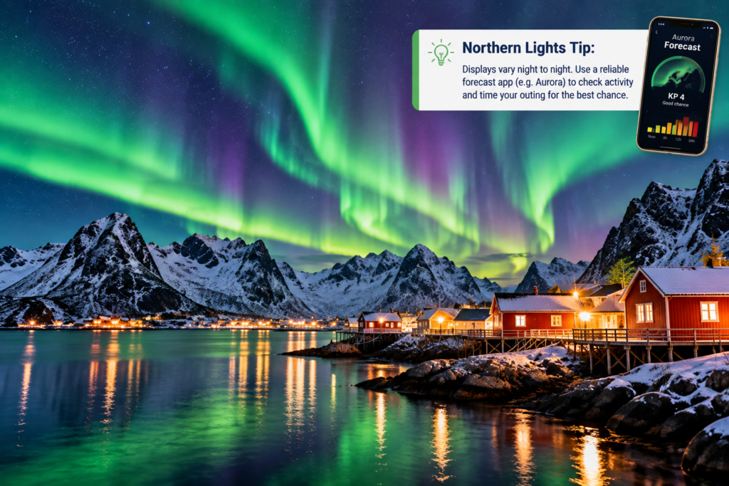 Northern Lights over a Norwegian fjord village